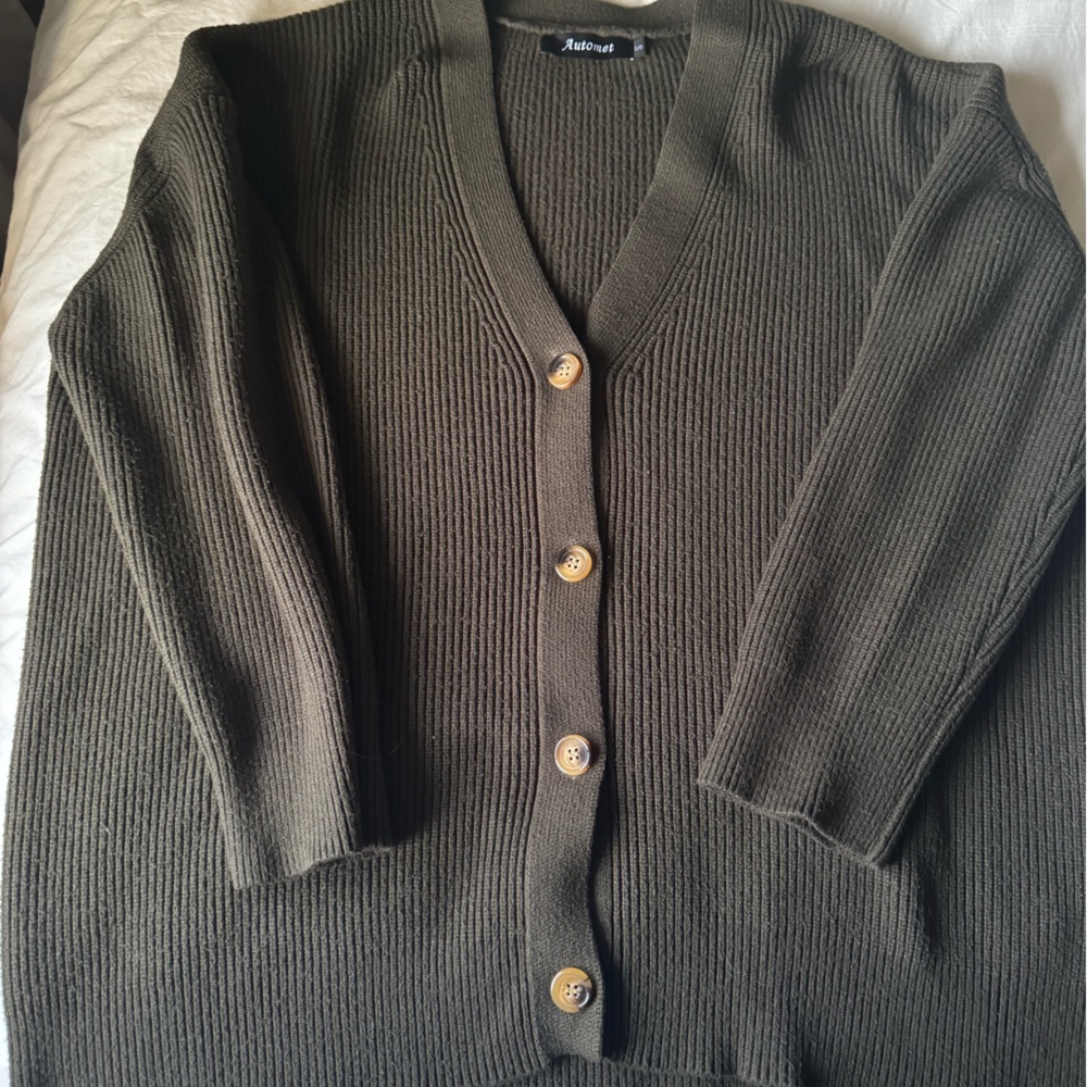 Olive Green Ribbed Cardigan with Wooden Buttons